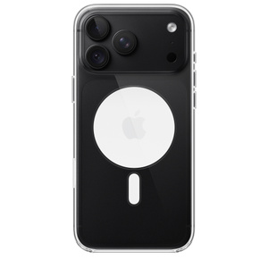 Una custodia MagSafe trasparente per iPhone 18 Pro Max mostrata da dietro, agganciata a un iPhone 18 Pro Max nero, anello MagSafe bianco al centro intorno al logo Apple, apertura per le fotocamere