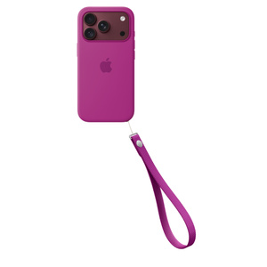 Wrist Strap, magenta colour (medium purplish-red), attached to bottom right of iPhone 18 Pro Silicone Case in matching colour and iPhone 18 Pro in burgundy colour (dark red)