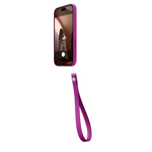Wrist Strap, magenta colour (medium purplish-red), attached to bottom right of iPhone 18 Pro Silicone Case in matching colour, side exterior, case covers all outer edges, raised silicone side button and flush Camera Control button, Camera app on screen, Camera Control button active
