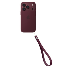 Wrist Strap, burgundy color (dark red), attached to bottom right of iPhone 18 Pro Silicone Case and iPhone 18 Pro in matching color