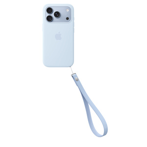 Wrist Strap, crisp blue color (light blue), attached to bottom right of iPhone 18 Pro Silicone Case in matching color and iPhone 18 Pro in glacier color (light blue)