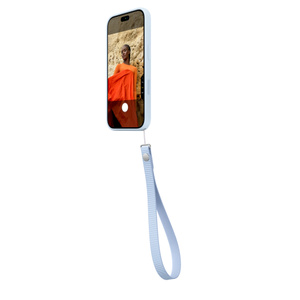 Wrist Strap, crisp blue color (light blue), attached to bottom right of iPhone 18 Pro Silicone Case in matching color, side exterior, case covers all outer edges, raised silicone side button and flush Camera Control button, Camera app on screen, Camera Control button active