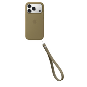 Laccetto da polso oliva (giallo-verde scuro), agganciato in basso a destra a una custodia in silicone per iPhone 18 Pro dello stesso colore con un iPhone 18 Pro color argento