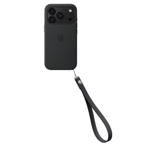 Wrist Strap, black colour, attached to bottom right of iPhone 18 Pro Silicone Case and iPhone 18 Pro in matching colour