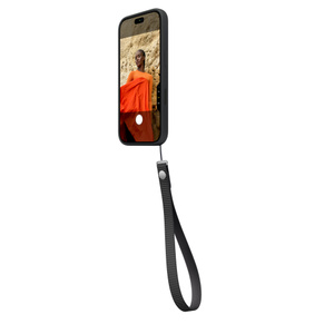 Wrist Strap, black colour, attached to bottom right of iPhone 18 Pro Silicone Case in matching colour, side exterior, case covers all outer edges, raised silicone side button and flush Camera Control button, Camera app on screen, Camera Control button active