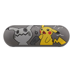 Front view of the Beats Pill – Pokémon special‑edition portable Bluetooth® speaker, featuring Pikachu and Mimikyu characters on the front grill.