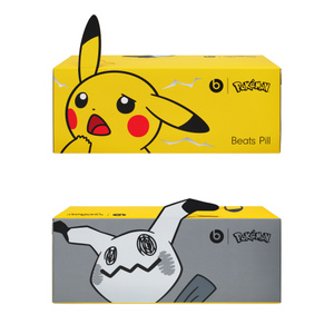 Beats Pill – Pokémon special-edition packaging design showing Pikachu on one side in electric yellow and Mimikyu on the other side in grey.