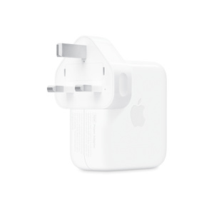 USB-C Power Adapter, back exterior, white color, folding prongs, removable outlet plug, centered Apple logo on side, square shape, rounded corners