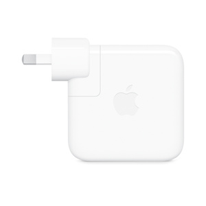 USB-C Power Adapter, side exterior, white colour, square shape, rounded corners, folding prongs, removable outlet plug, centred Apple logo