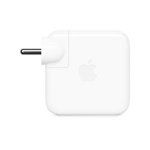 USB-C Power Adapter, side exterior, white colour, square shape, rounded corners, folding prongs, removable plug, centred Apple logo