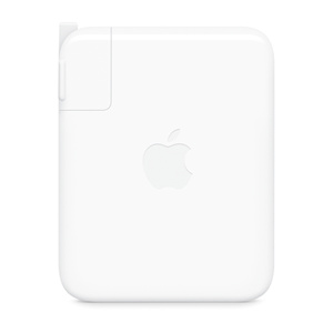USB-C Power Adapter, side exterior, white color, rectangular shape, rounded corners, folding prongs, removable outlet plug, centered Apple logo