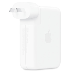 USB-C Power Adapter, back exterior, white colour, folding prongs, removable outlet plug, centred Apple logo on side, rectangular shape, rounded corners