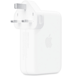 USB-C Power Adapter, back exterior, white colour, folding prongs, removable plug, centred Apple logo on side, rectangular shape, rounded corners