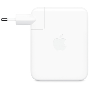 USB‑C-lichtnetadapter, zijkant, kleur wit, rechthoekig van vorm, ronde hoeken, uitklapbare pennen, verwijderbare stekker, Apple logo in het midden
