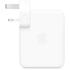 USB-C Power Adapter, side exterior, white colour, rectangular shape, rounded corners, folding prongs, removable plug, centred Apple logo