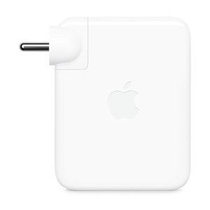 USB-C Power Adapter, side exterior, white colour, rectangular shape, rounded corners, folding prongs, removable plug, centred Apple logo