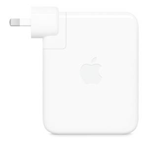 USB-C Power Adapter, side exterior, white colour, rectangular shape, rounded corners, folding prongs, removable power plug, centred Apple logo