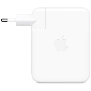 USB-C Power Adapter, side exterior, white color, rectangular shape, rounded corners, folding prongs, removable outlet plug, centered Apple logo