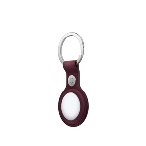 AirTag FineWoven Key Ring, burgundy color (dark red), entire outer edge of AirTag covered, circular cutout, AirTag visible