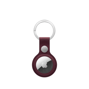 AirTag-nøkkelring av finvev, trykknapp, nøkkelring av rustfritt stål, materialet i fargen burgunder (mørkerød) dekker den ytre kanten av AirTag, rund åpning, AirTag synlig, Apple-logo i midten