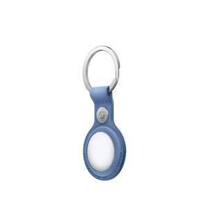 AirTag FineWoven Key Ring, wildflower blue color (grayish-blue), entire outer edge of AirTag covered, circular cutout, AirTag visible