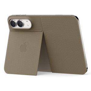iPhone Duo Folio with Kickstand in taupe color (brownish-gray), landscape orientation, fully unfolded, back exterior, kickstand extended with centered Apple logo, iPhone Duo in star white color visible through camera cutout