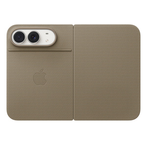 iPhone Duo Folio with Kickstand in taupe color (brownish-gray), landscape orientation, fully unfolded back exterior, embedded Apple logo in center, iPhone Duo in star white color visible through camera cutout, case covers the back exterior and entire front exterior display