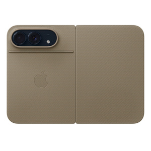 iPhone Duo Folio with Kickstand in taupe color (brownish-gray), landscape orientation, fully unfolded back exterior, embedded Apple logo in center, iPhone Duo in night sky color (dark blue) visible through camera cutout, case covers the back exterior and entire front exterior display