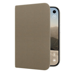 iPhone Duo Folio with Kickstand in taupe color (brownish-gray), portrait orientation, unfolded at slight angle, case covers front exterior display