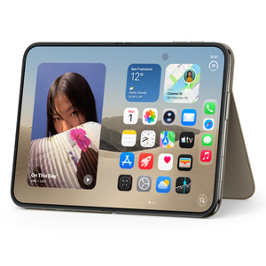iPhone Duo Folio with Kickstand in taupe color (brownish-gray), landscape orientation, fully unfolded interior display, supported by extended kickstand