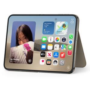 iPhone Duo Folio with Kickstand in taupe colour (brownish-grey), landscape orientation, fully unfolded interior display, supported by extended kickstand