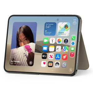 iPhone Duo Folio with Kickstand in taupe colour (brownish-grey), landscape orientation, fully unfolded interior display, supported by extended kickstand