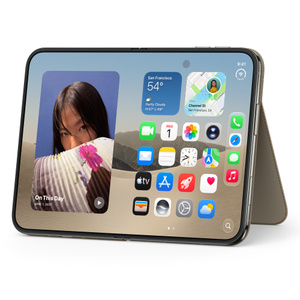 iPhone Duo Folio color visón (gris pardo) con soporte, en posición horizontal, pantalla interior completamente abierta, con soporte extendido