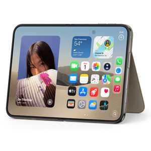 iPhone Duo Folio with Kickstand in taupe color (brownish-gray), landscape orientation, fully unfolded interior display, supported by extended kickstand