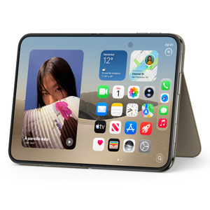 Étui Folio à support intégré taupe (brun-gris) pour iPhone Duo, orientation paysage, écran interne entièrement déplié, maintenu en place par le support déployé