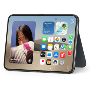 iPhone Duo Folio with Kickstand in navy blue colour, landscape orientation, fully unfolded interior display, supported by extended kickstand