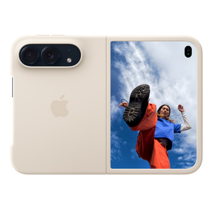 iPhone Duo Case in sand color (light tan), landscape orientation, fully unfolded, back exterior, embedded Apple logo in center, iPhone Duo in night sky color (dark blue) visible through camera cutout, case covers the back exterior and outer edge of the front exterior display