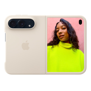iPhone Duo Case in sand color (light tan), landscape orientation, fully unfolded, back exterior, embedded Apple logo in center, iPhone Duo in night sky color (dark blue) visible through camera cutout, case covers the back exterior and outer edge of the front exterior display
