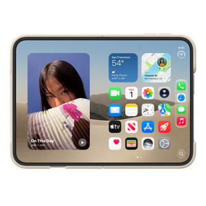 iPhone Duo Case in sand colour (light tan), landscape orientation, fully unfolded, interior display, case covers top, bottom and side edges, exposed right side edge cutout