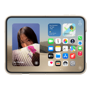iPhone Duo Case in sand colour (light tan), landscape orientation, fully unfolded, interior display, case covers top, bottom and side edges, exposed right side edge cutout