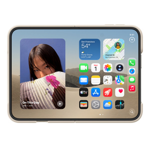 Capa para iPhone Duo na cor areia (bronze claro), colocada na horizontal, totalmente aberta, ecrã interno, a capa cobre a parte superior, inferior e lateral, com abertura do lado direito para mostrar o recorte