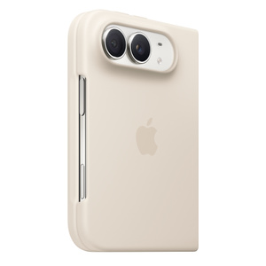 iPhone Duo Case in sand color (light tan), portrait orientation, folded back exterior, iPhone Duo in star white color visible through camera cutout, right side exterior, side button and camera control in cutout