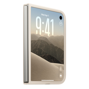 iPhone Duo Case in sand color (light tan) portrait orientation, folded outer display, case covers all outer edges, titanium hinge exposed