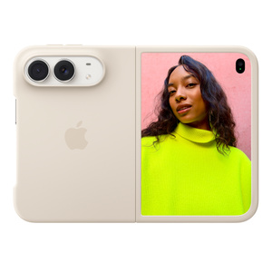 iPhone Duo Case in sand color (light tan), landscape orientation, fully unfolded, back exterior, embedded Apple logo in center, iPhone Duo in star white color visible through camera cutout, case covers the back exterior and outer edge of the front exterior display