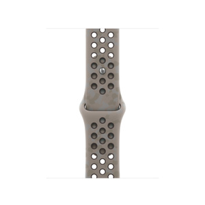Bracelet sport Nike, gris asphalte (gris pâle sur le dessus, gris foncé en-dessous, motif subtil aux formes organiques), en caoutchouc perforé, trous d’ajustement centrés, fermoir à clou et passant (clou argent)