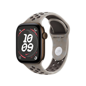 Nike Sport Band, pavement grey color (light gray outward-facing, dark gray skin-side, subtle pattern of organic shapes), perforated rubber material, adjustment holes centered, pin-and-tuck closure (silver pin), engraved with Nike Run Swoosh logo