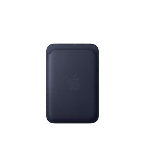 iPhone FineWoven Wallet with MagSafe, navy color (dark blue), back exterior, card slot at top, embedded Apple logo in the center, stitching along the edges