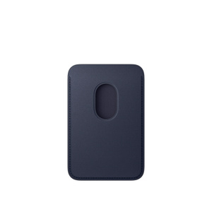 iPhone FineWoven Wallet with MagSafe, navy color (dark blue), interior, cylindrical cutout reveals inside card slot, stitching along the edges