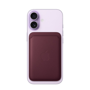 iPhone FineWoven Wallet with MagSafe in burgundy color (dark red), attached to iPhone 17 in lavender color (light purple), centered below advanced dual-camera system, spans to left, right, and bottom edge