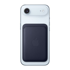 iPhone FineWoven Wallet with MagSafe in navy color (dark blue), attached to iPhone Air in sky blue color, centered below two-in-one camera system, spans to left and right edge